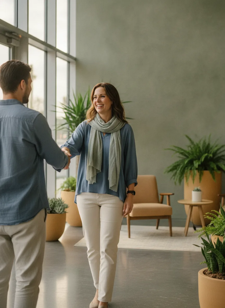 A smiling woman shaking hands in a welcoming reception area
