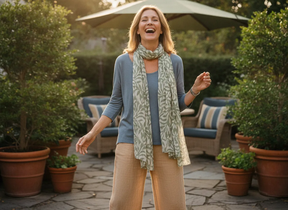 A smiling woman standing on an outdoor patio